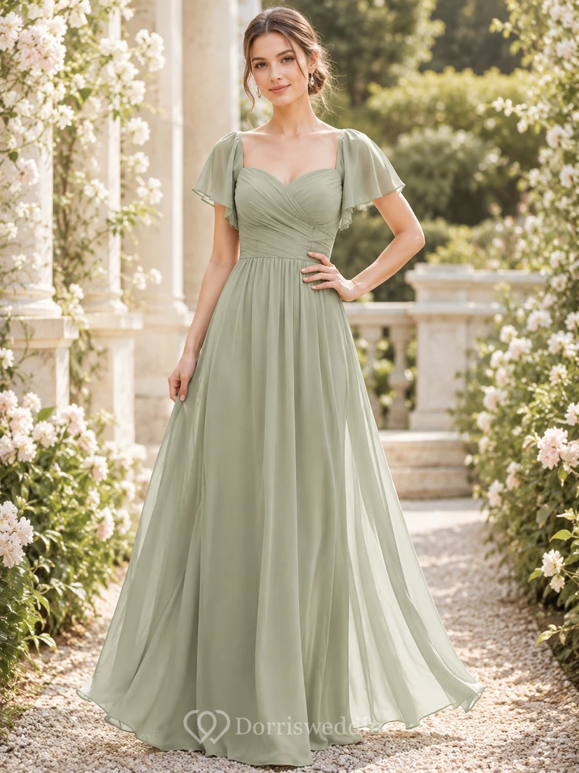 Sage cowl neck flutter sleeve chiffon floor length bridesmaid dress