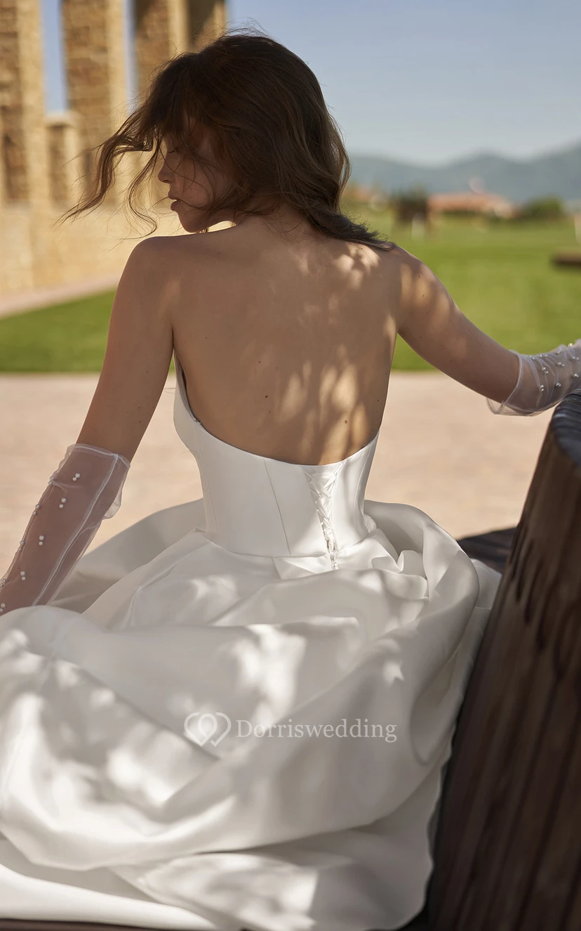 Ball Gown Empire Sweetheart Sleeveless Floor Length Satin Simple Wedding Dress with Ruching and Split Front view 4