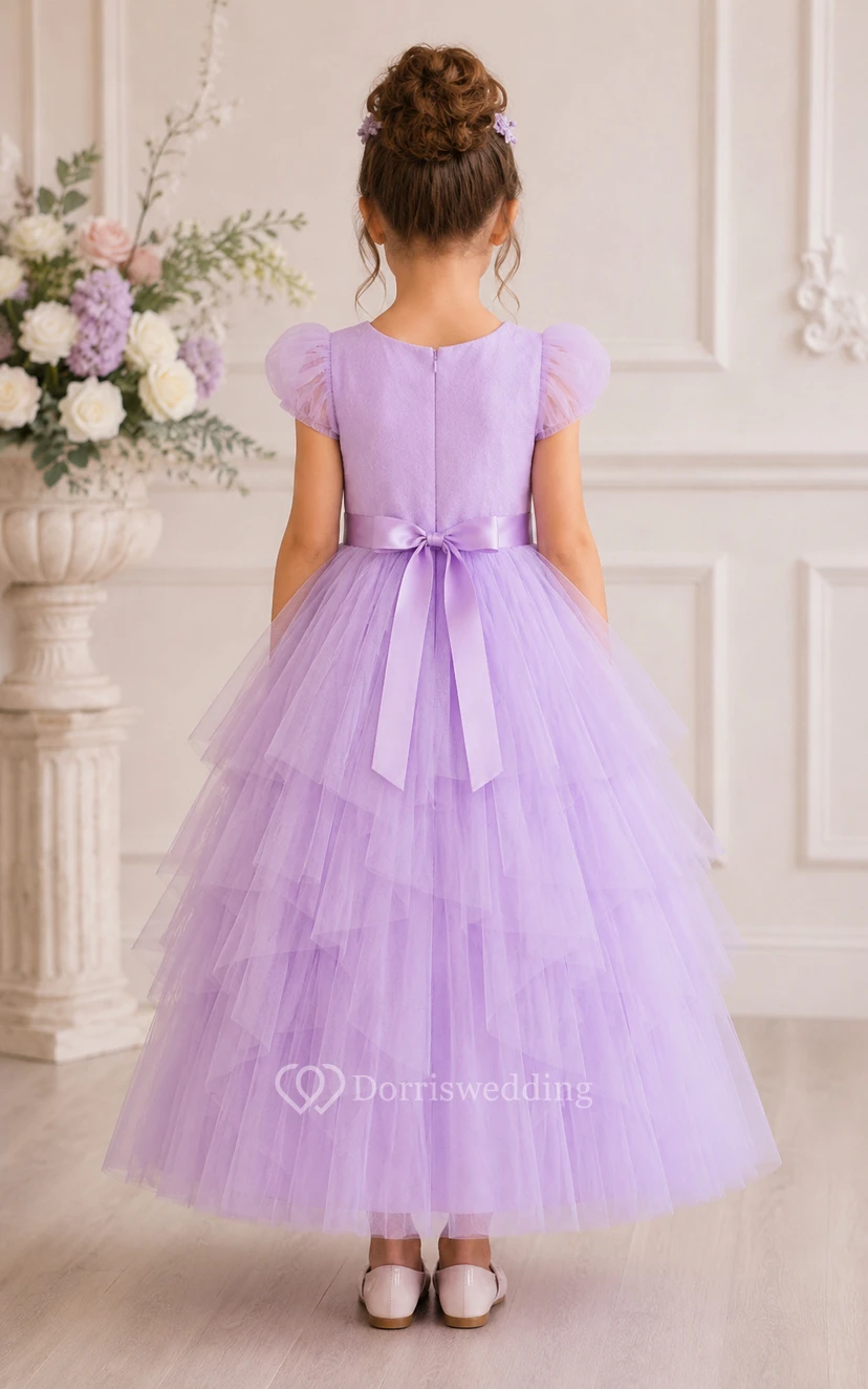A-line Tea-length Puff Sleeve Tulle Flower Girl Dress with Lavender puff sleeves and tiered tulle with back bow view 2