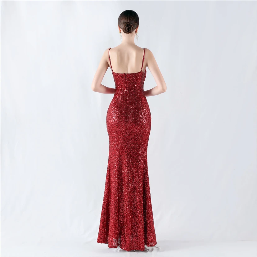 Robe de soirée sexy à sequins et fente haute, avec bretelles et encoche cryptée view 51