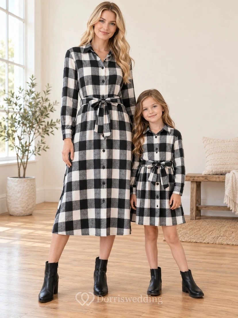 Modest Long Sleeve Black Check Button Front Belted Family Shirt Dress
