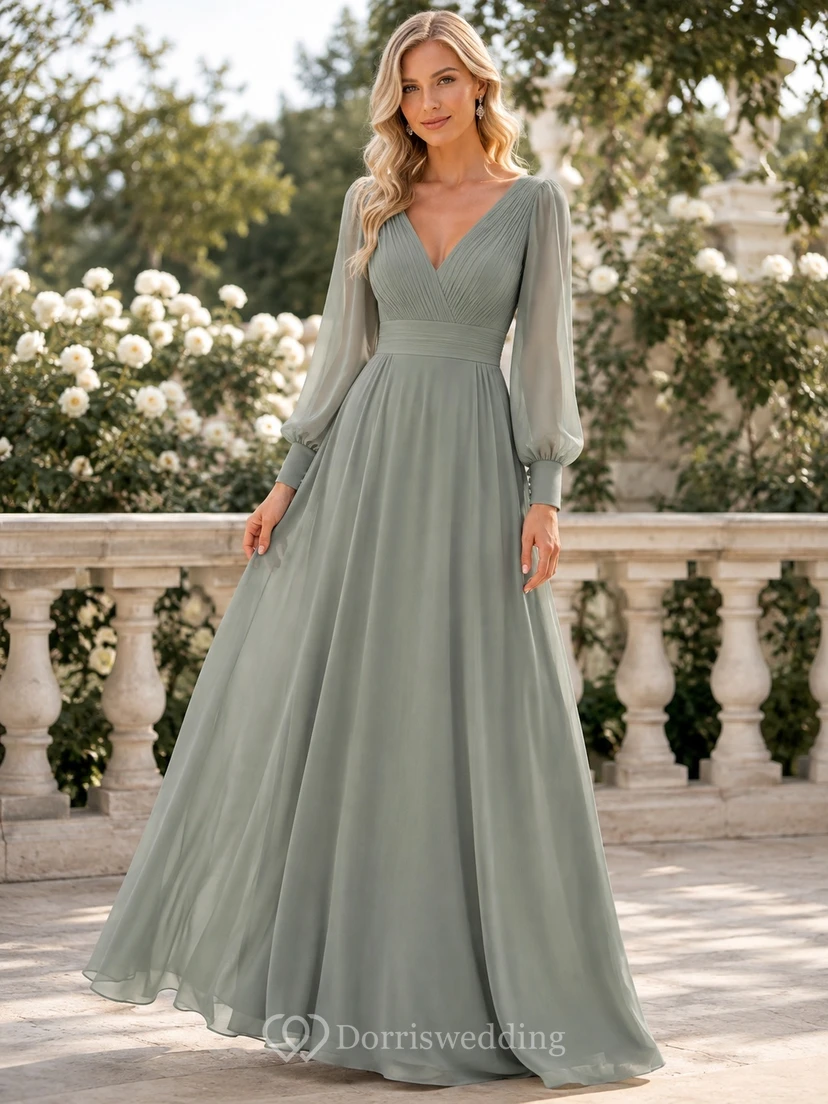 Sage Long Poet Sleeve V-Neck Chiffon A-Line Floor-Length Modest Formal Dress