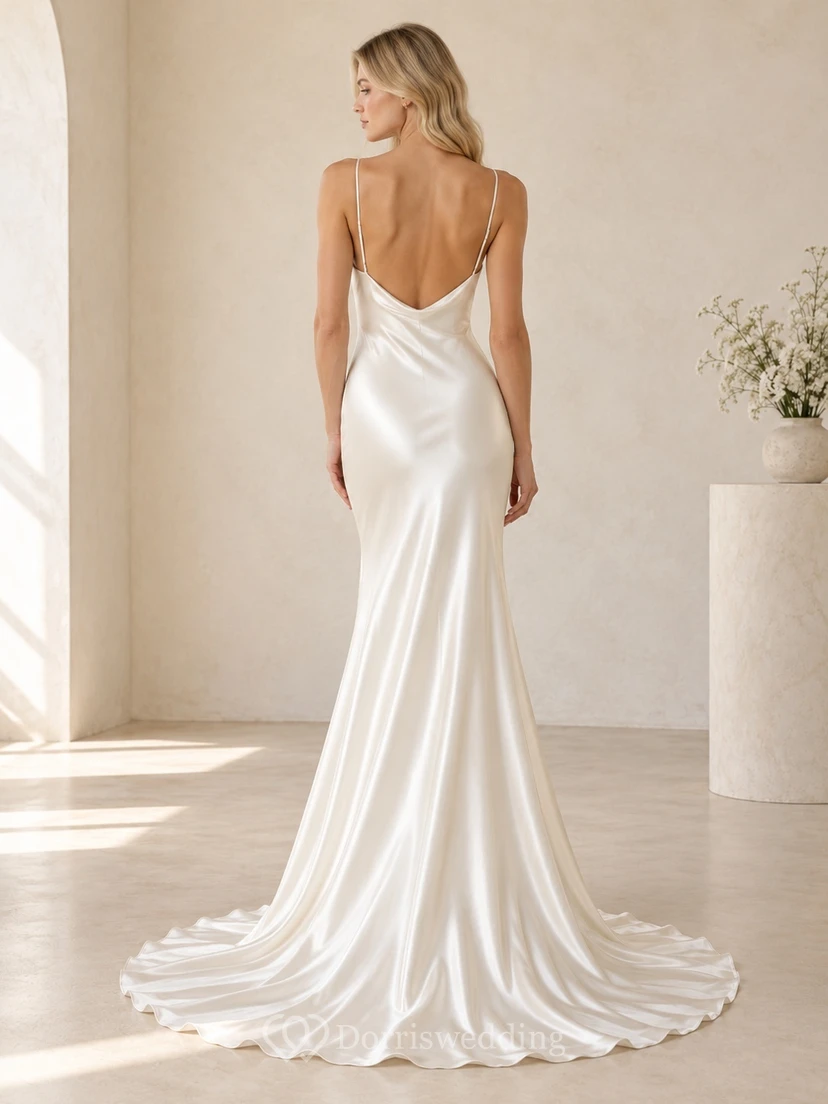 Simple Cowl Neck Spaghetti Strap Satin Sheath Wedding Dress view 2