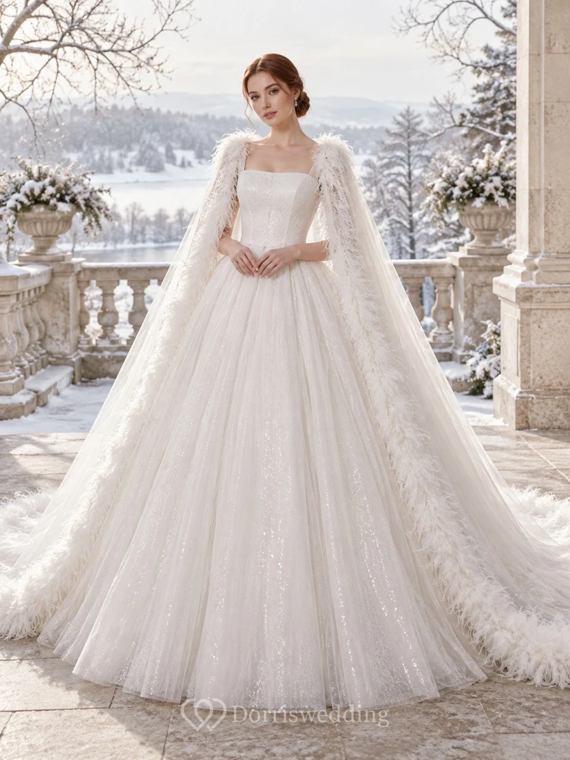 Vestido de novia de gala con cuello cuadrado, tul brillante y ribete de plumas, estilo invierno.