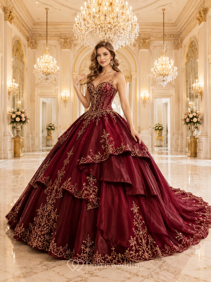 Robe de bal de princesse de luxe pour quinceañera, en dentelle dorée bordeaux à volants superposés, idéale pour une grande salle de bal.