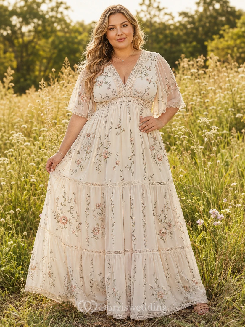 Plus-Size Cream Floral Chiffon V-Neck Flutter-Sleeve Tiered Floor-Length Boho Dress