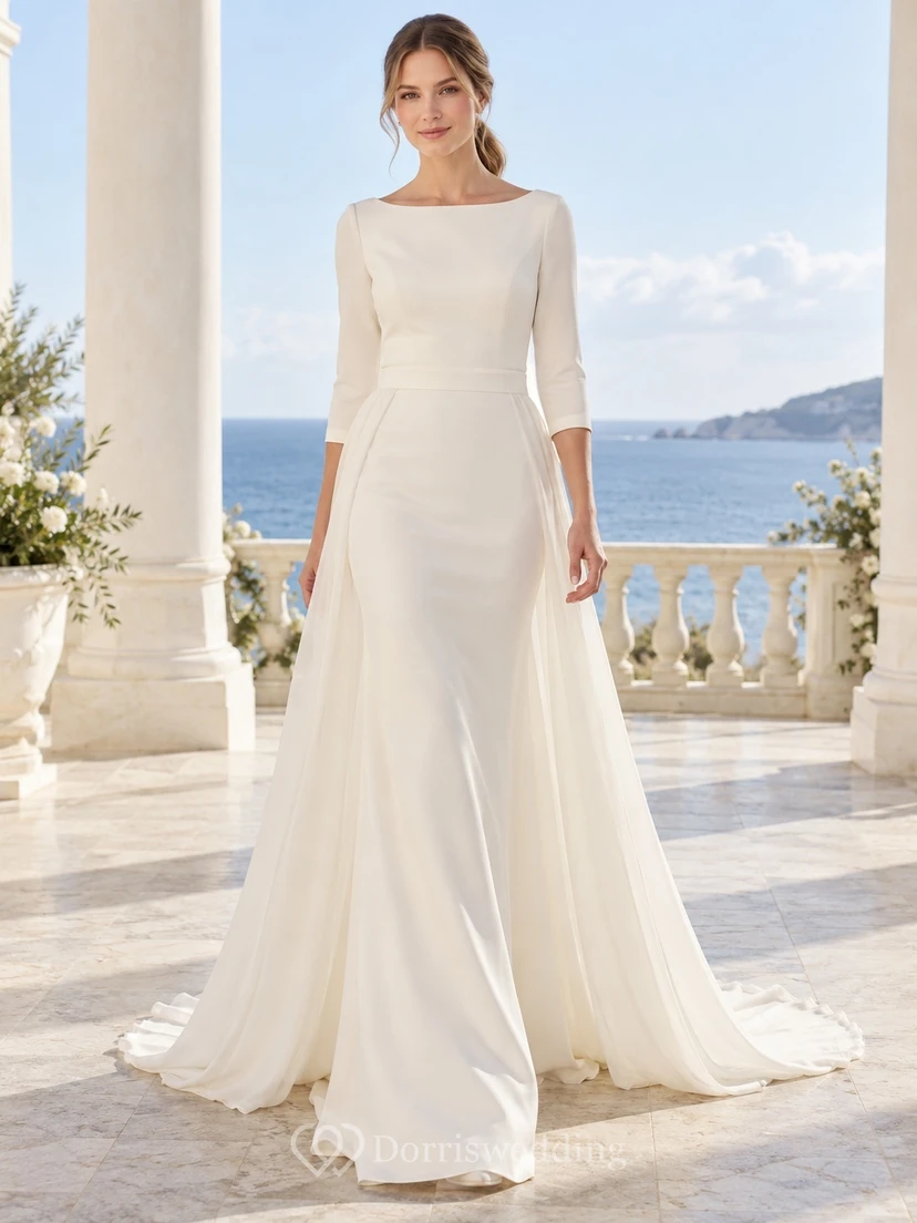 Simple Modest Bateau Three-quarter Sleeve Smooth A-line Train Wedding Dress