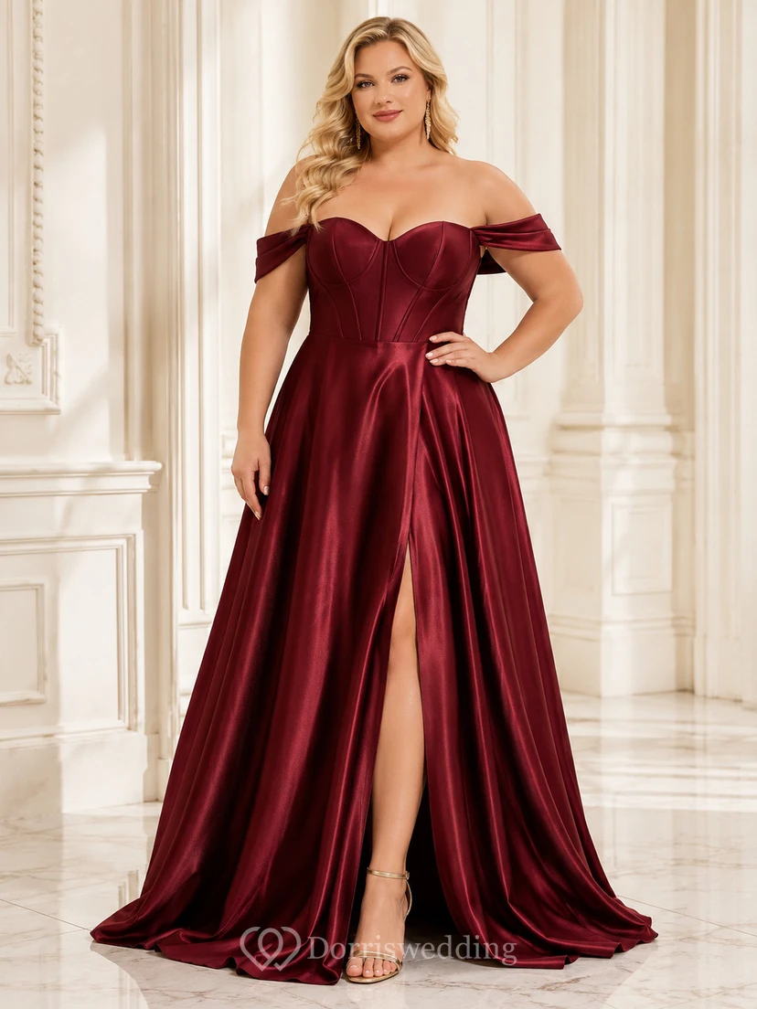 Burgundy Plus Size Off Shoulder Satin A-Line Front Slit Formal Gown