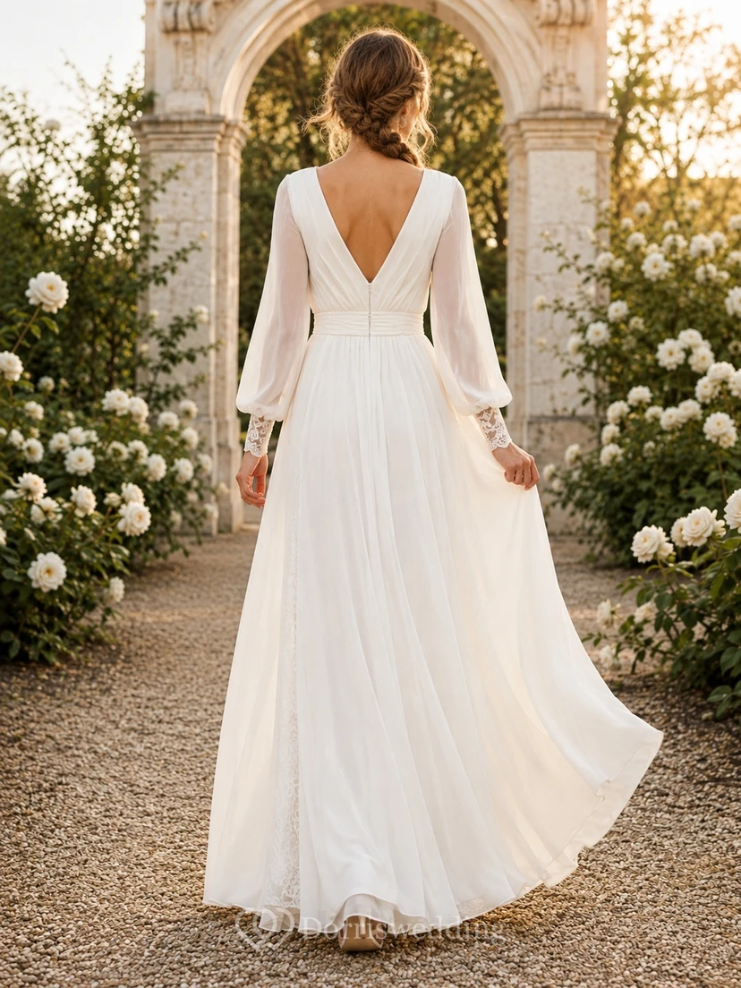 Bohemian Civil Long Sleeve V-Neck Chiffon Lace A-Line Floor-Length Mariage Dress view 2