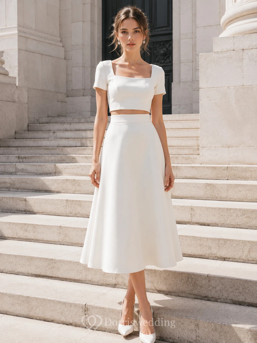 Two Piece Square Neck Civil Midi Skirt Wedding Dress