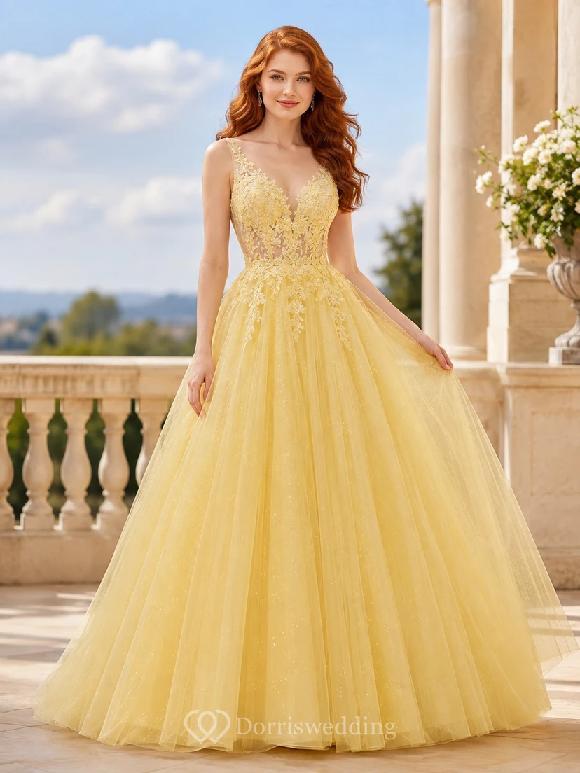 Gelbes Tüll-Ballkleid mit Illusion-V-Ausschnitt, Perlenapplikationen