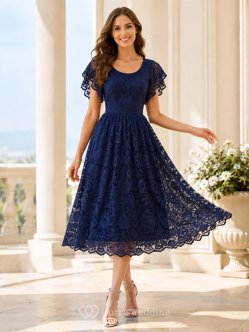 Robe de jardin vintage en dentelle marine, coupe trapèze, longueur thé, col rond, manches courtes
