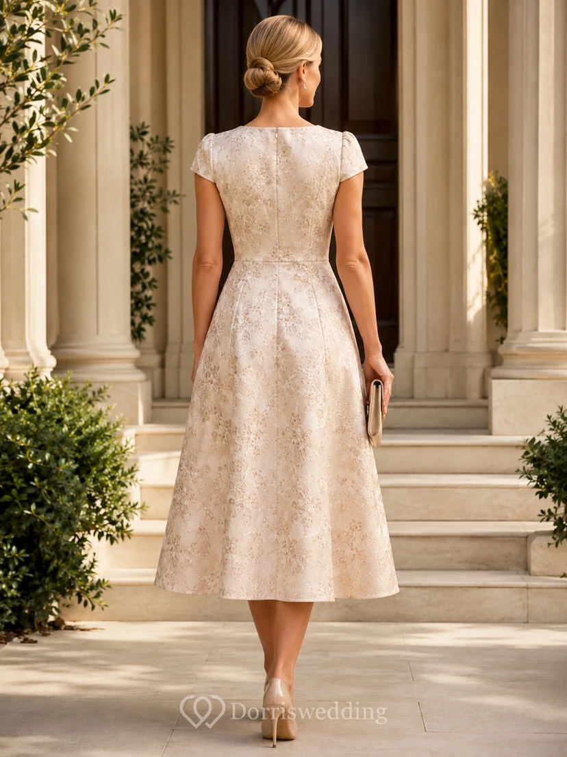 Champagne Jacquard Mother A Line Tea Length Jewel Cap Sleeve Formal Dress view 2