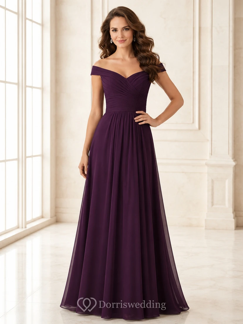 Plum off shoulder sweetheart chiffon floor length A-line dress