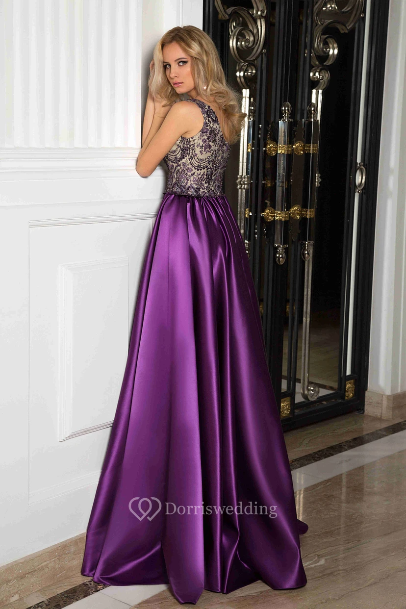 A-Line Floor-Length Scoop Sleeveless Satin Beading Pleats Low-V Back Dress view 2