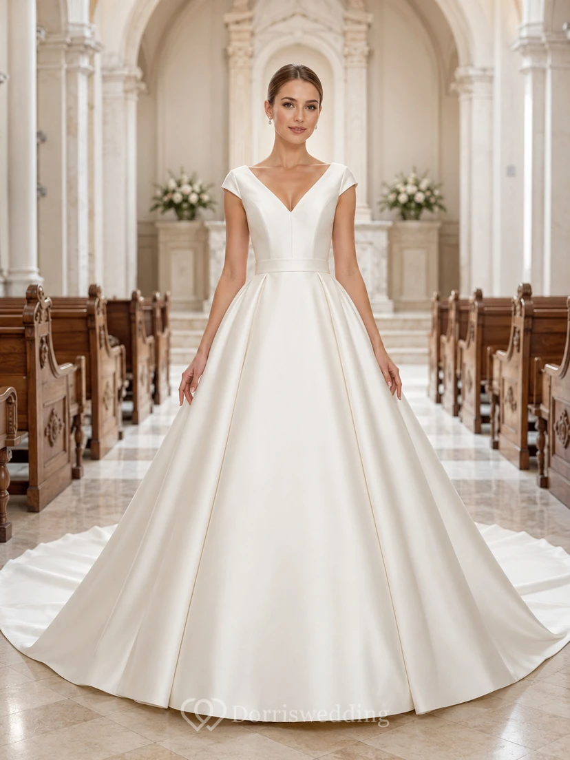Robe de mariée minimaliste en satin, robe de bal, col en V, sans manches, traîne.