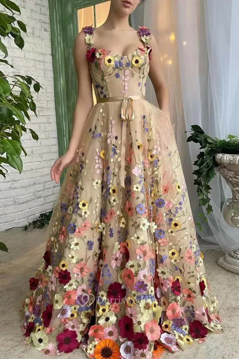 Beige Floral Embroidered Tulle Gown with Ribbon Belt