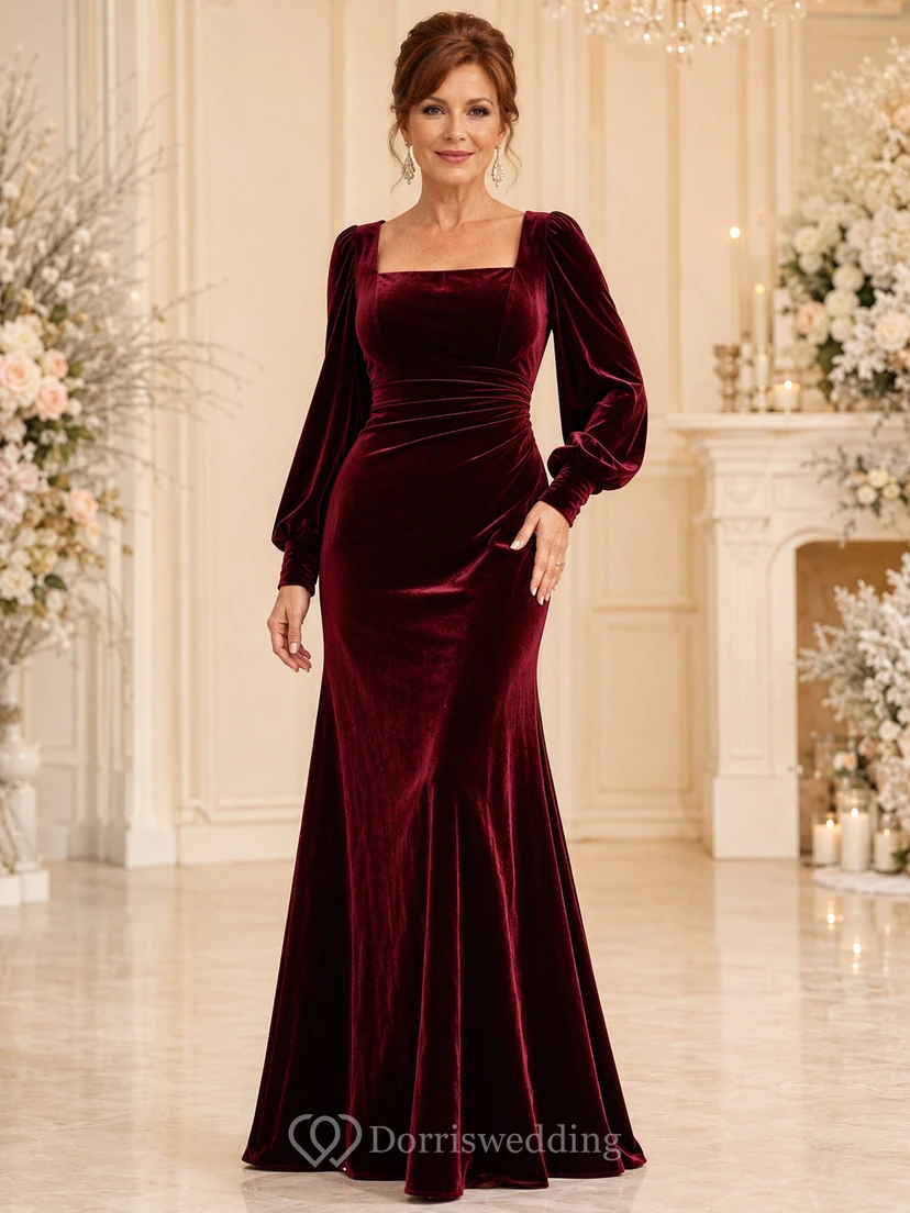 Burgundy Velvet Floor-Length Mermaid Modern Mother of the Bride Winter Gown with Square Neck Long Puff Sleeves and Flared Hem