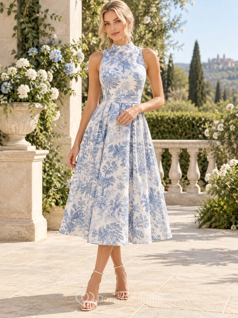 Schieferblaues, ärmelloses Gästekleid mit Toile-de-Jouy-Muster, A-Linien-Ausschnitt und Teelänge