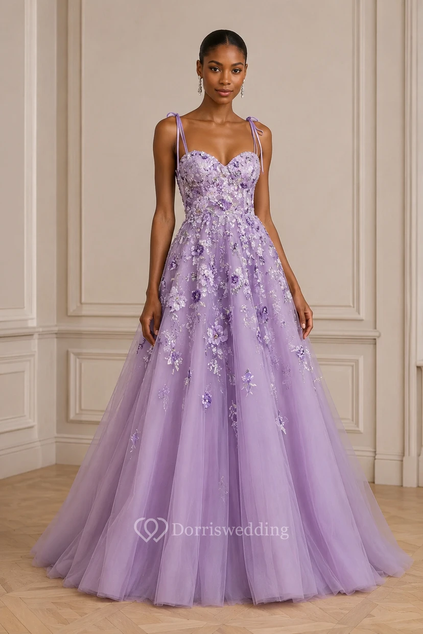Tulle Prom Dress in Lavender, Spaghetti Strap, Sweetheart Ball Gown Floor-Length Gown with Flower and Appliques