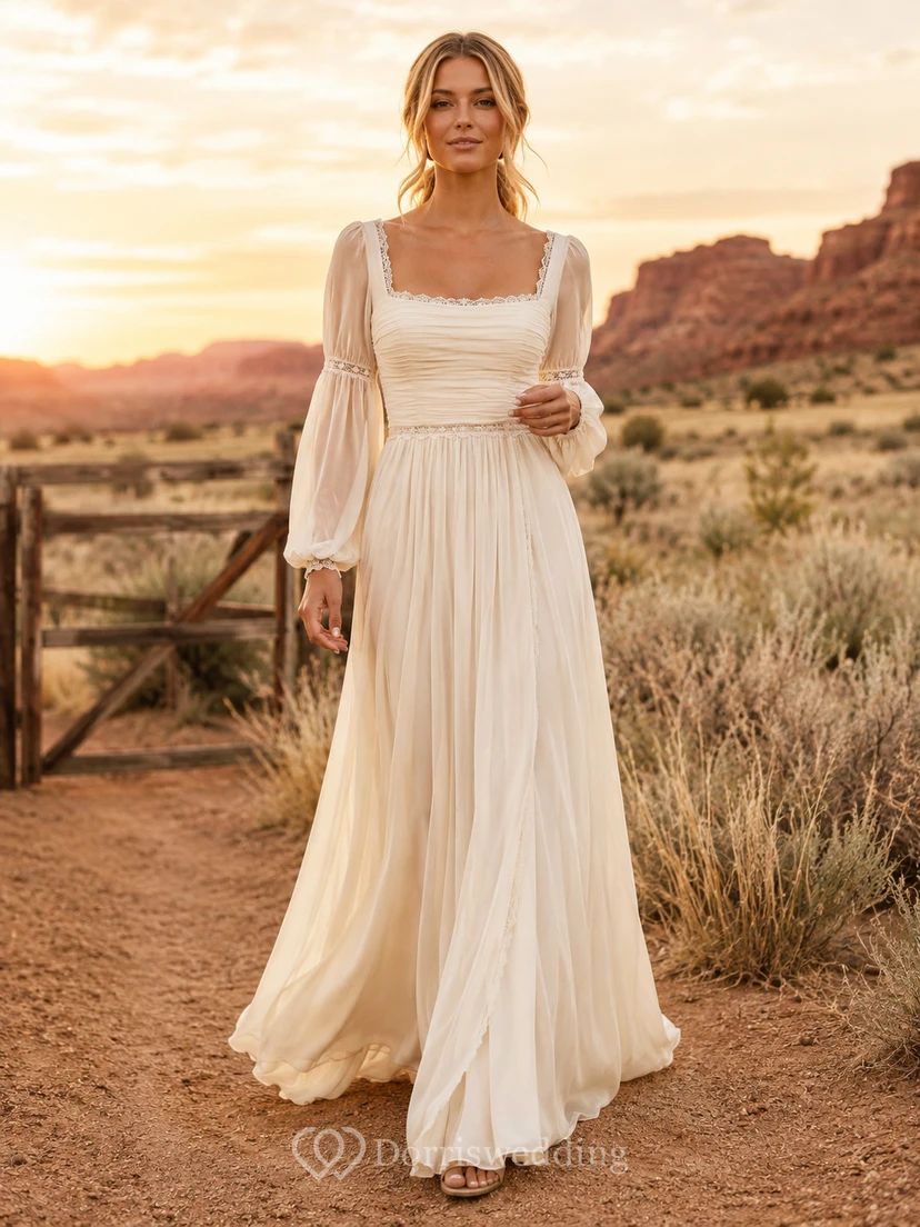 Robe de mariée bohème western en mousseline, coupe trapèze, col carré, manches longues, style champêtre