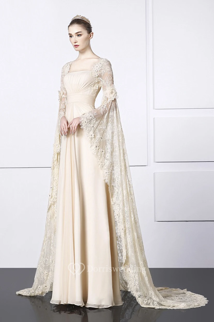 Square Sheath Bat Sleeve Lace Chiffon Unique Gown With Train view 4