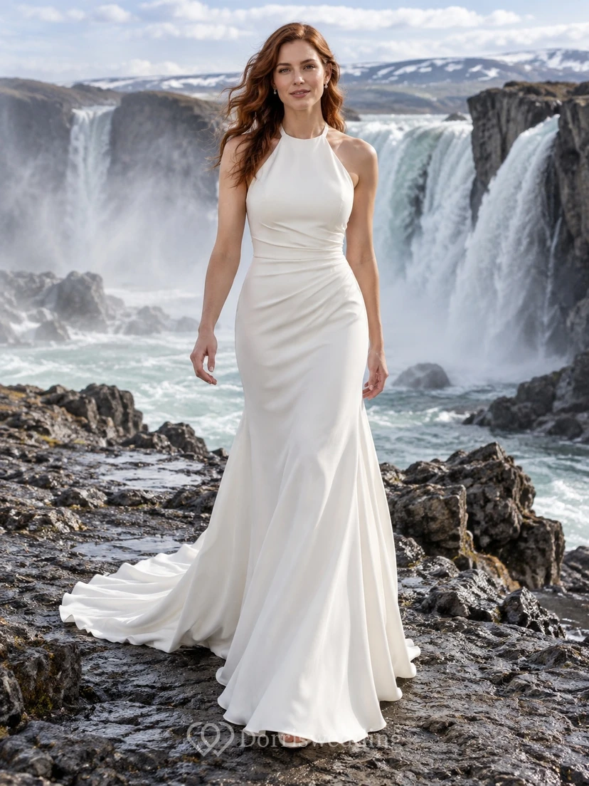 Simple Halter Neck Crepe Mermaid Wedding Dress with Ruched Waist and Covered Back