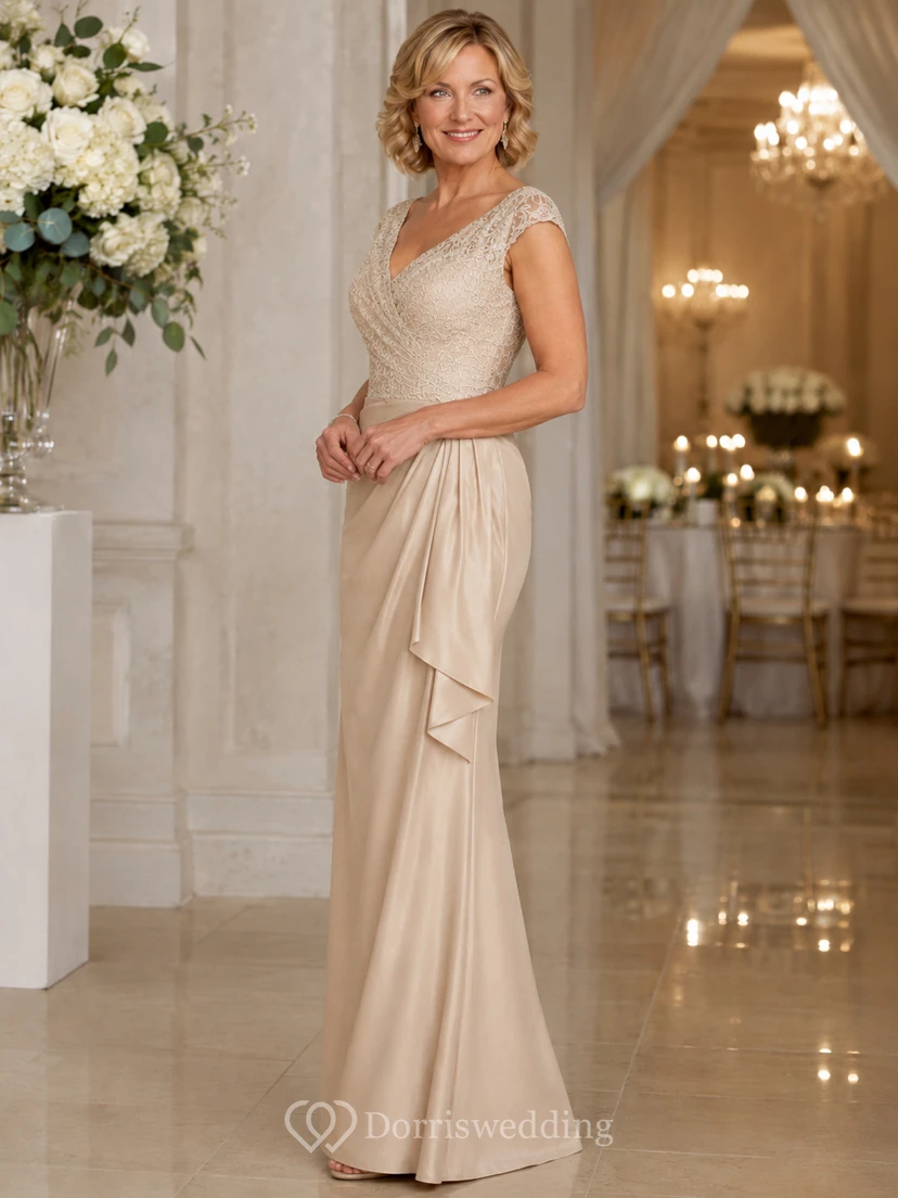 Sheath V-Neck Short Sleeve Chiffon Mother Dress with Lace view 3