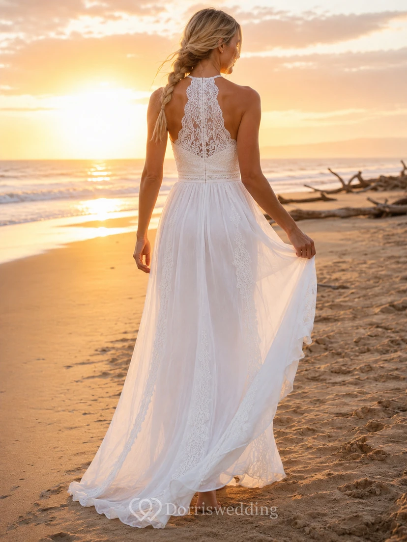Beach Halter Lace Bodice Chiffon A-Line Wedding Dress view 2