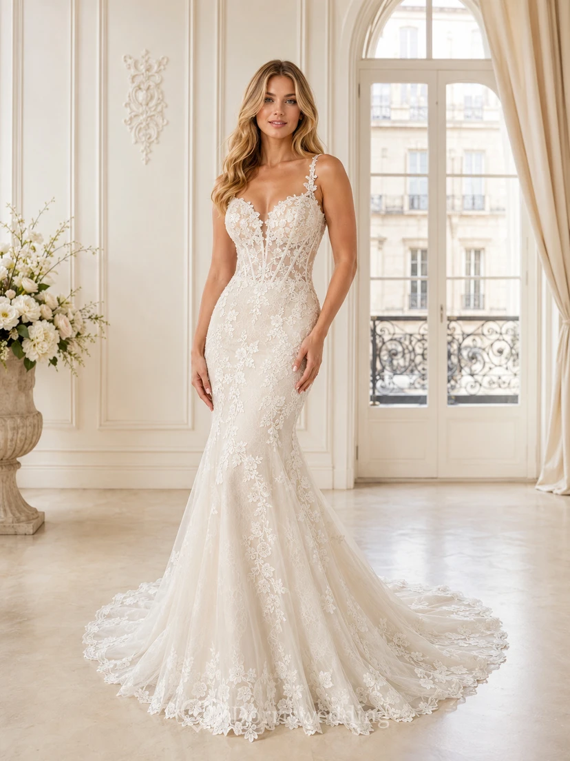 Robe de mariée sirène luxueuse à fines bretelles, dentelle florale et traîne chapelle, ornée de spaghettis et de superpositions