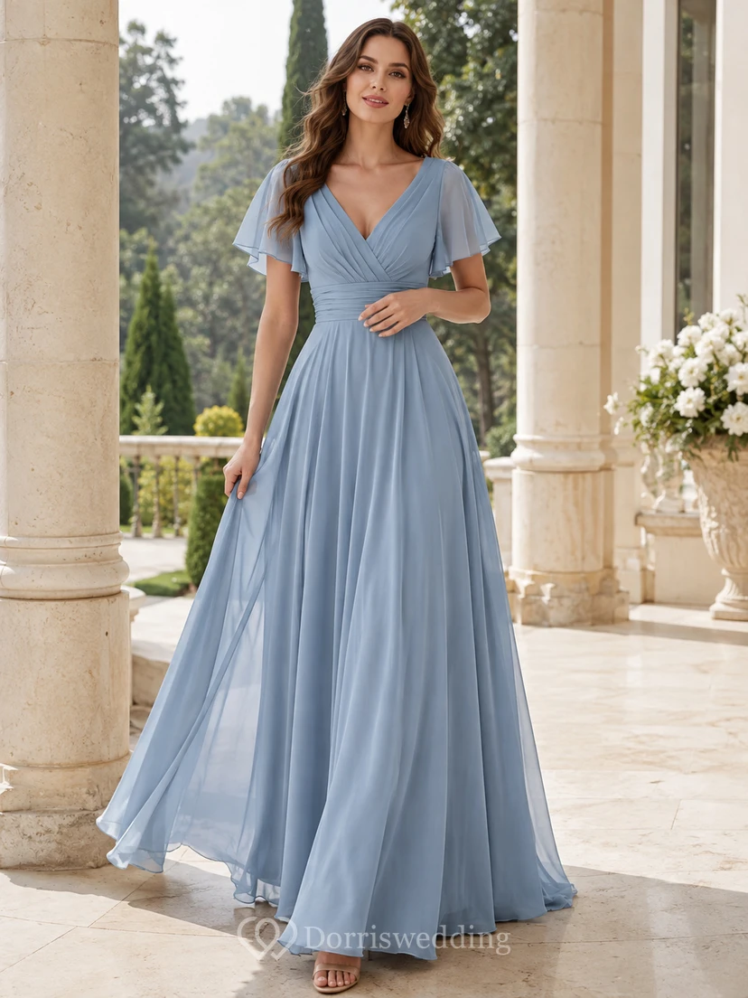 Elegante vestido de fiesta largo hasta el suelo de gasa fruncida con escote en V y mangas con volantes en color azul acero.
