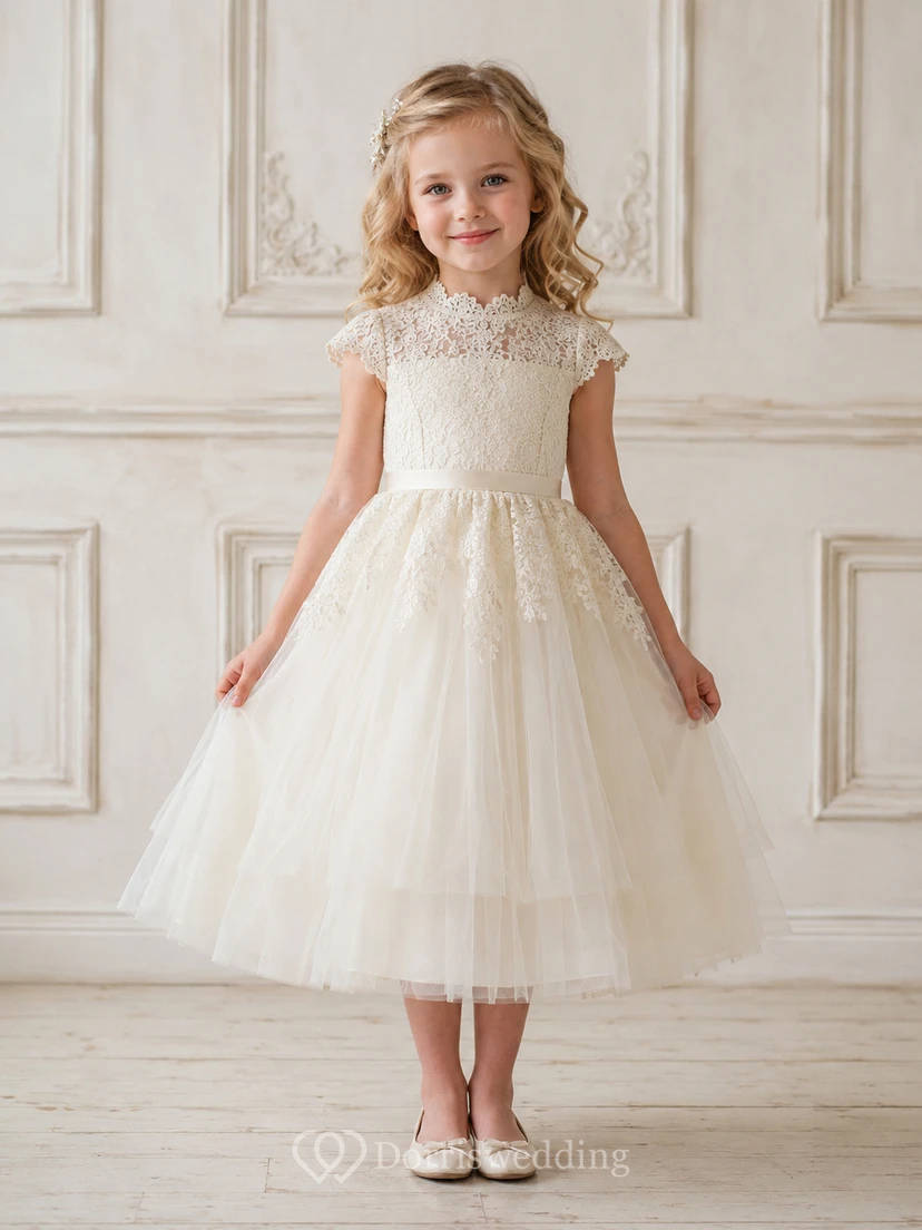 Vestido de niña de las flores, color marfil, encaje, tul, corte en A, cuello joya, largo hasta la rodilla.