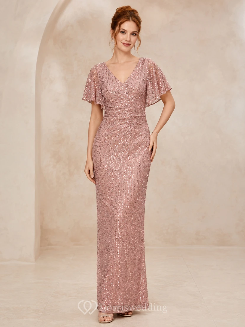 Dusty Rose Sequin Flutter Sleeve Evening Dress
