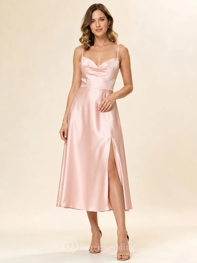 Blush Spaghetti Strap Satin Sheath Tea-length Slit New Arrival Dress