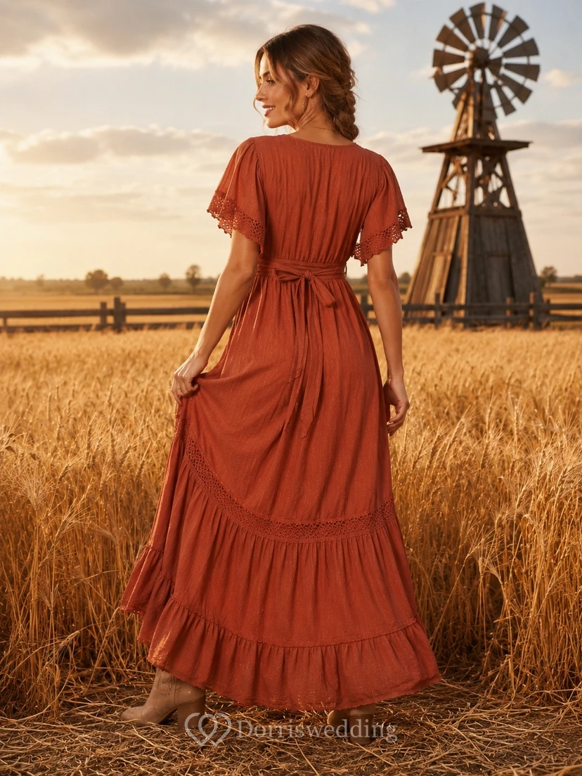 Vermilion Long Sleeve Embroidered Tiered Chiffon Country Maxi Dress view 2