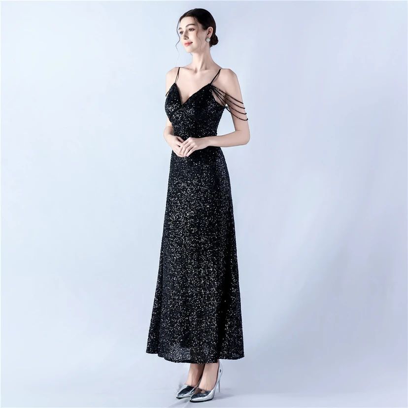 Sling A-Line Large Swing Mesh Sequin Evening Dress view 3