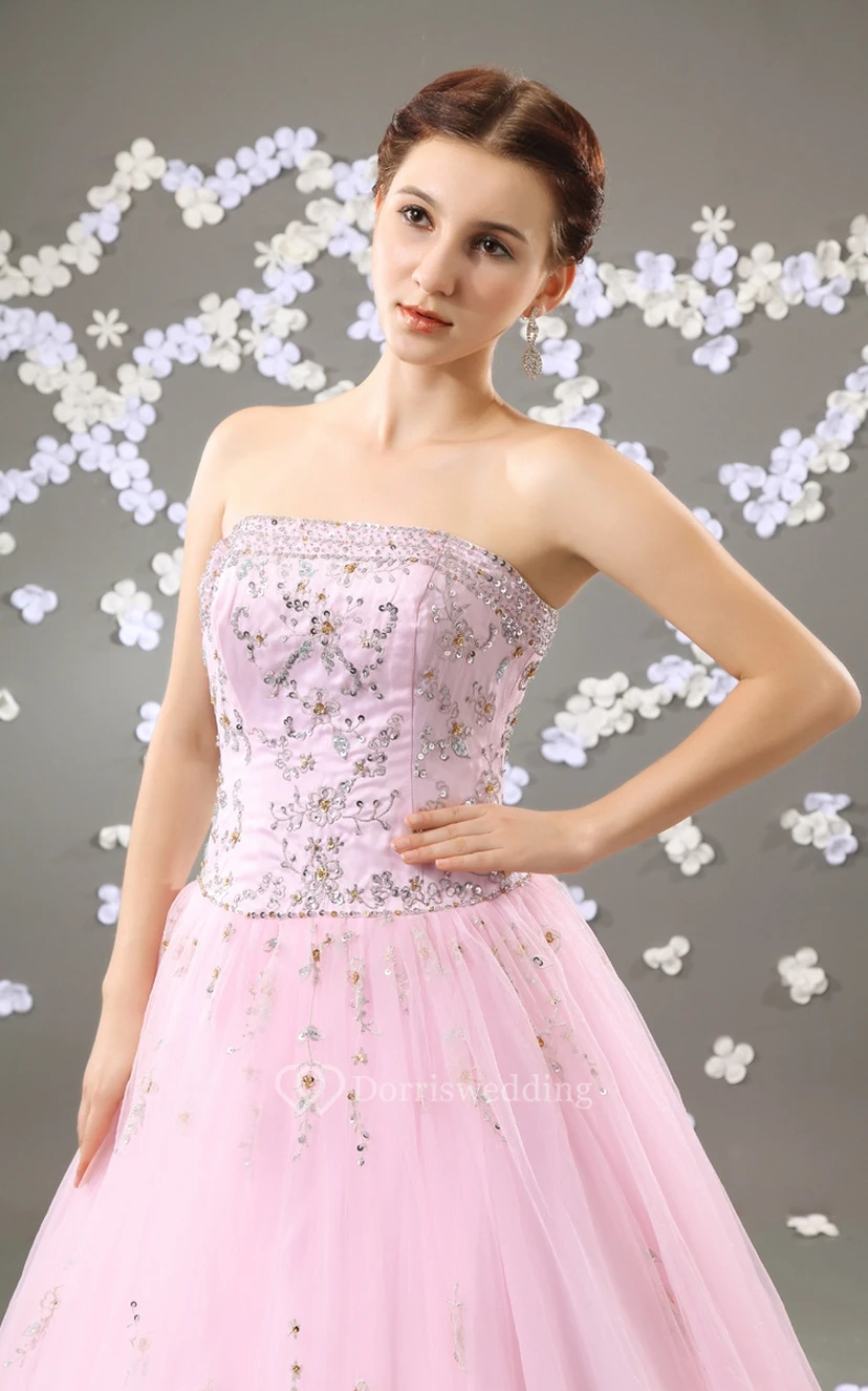 Zartrosa, trägerloses A-Linien-Ballkleid mit Perlenstickerei und Tüllüberzug view 3