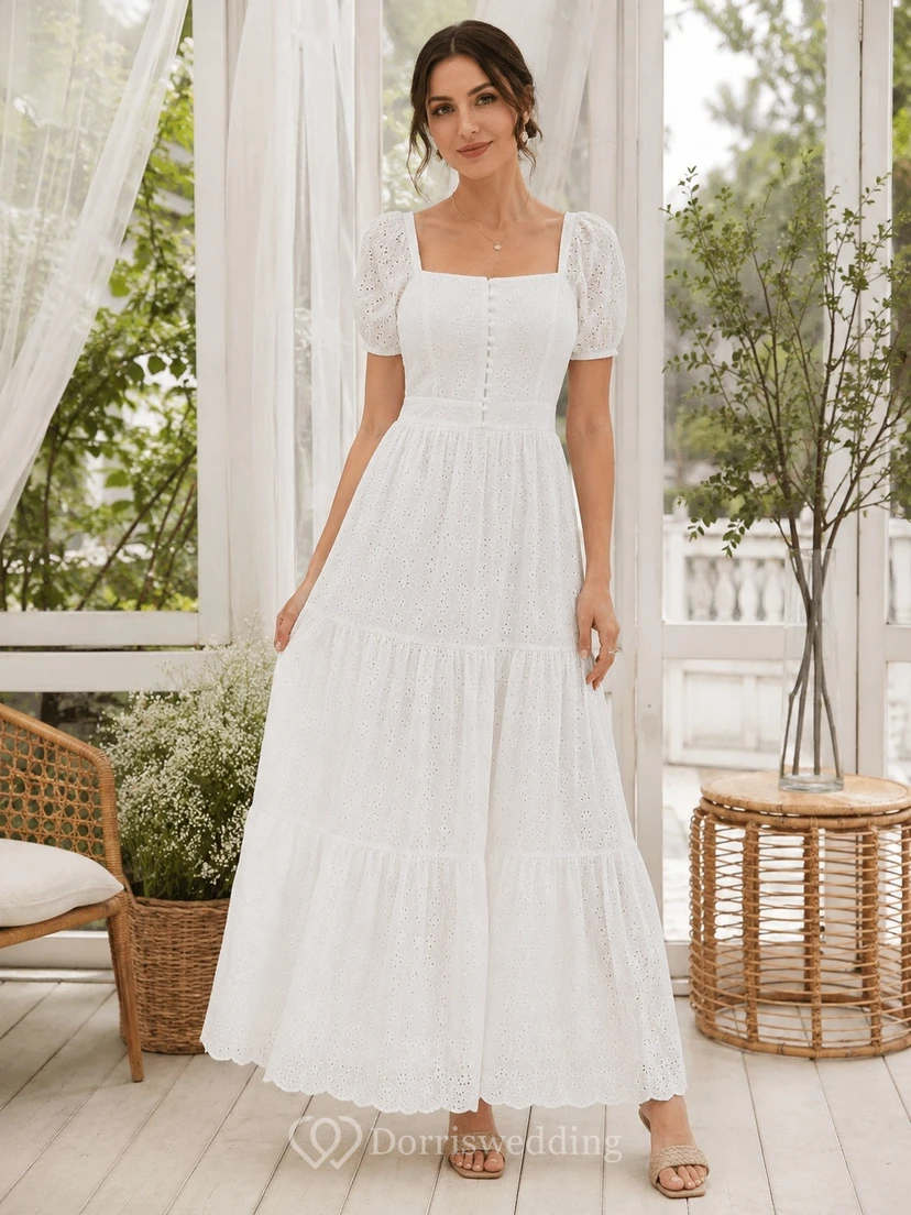 Simple White Square Neck Short Sleeve Chiffon A-Line Tiered Dress