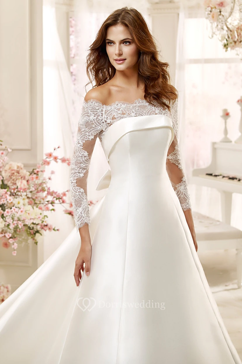 Off-Shoulder A-Line Satin Wedding Dress With Lace Long Sleeves And Brush Train view 3