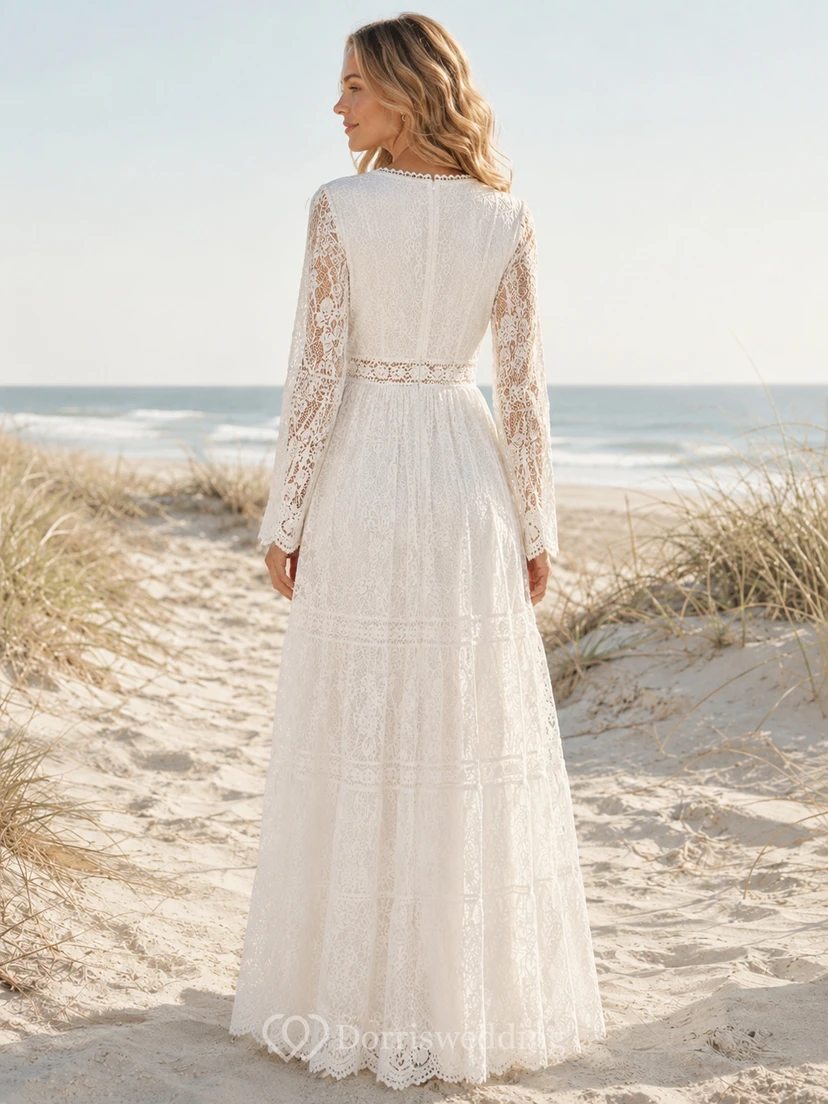 Vestido de novia bohemio romántico de corte A, largo hasta el suelo, con escote en V y mangas largas, de encaje completo, estilo bohemio, ideal para bodas en la playa. view 2