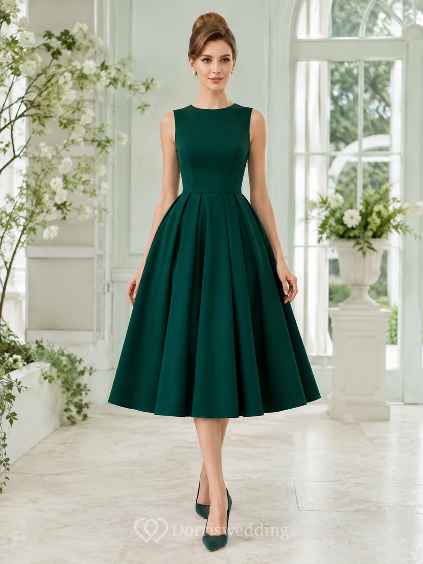 Vestido de cóctel vintage de satén plisado sin mangas con cuello alto, color verde oscuro