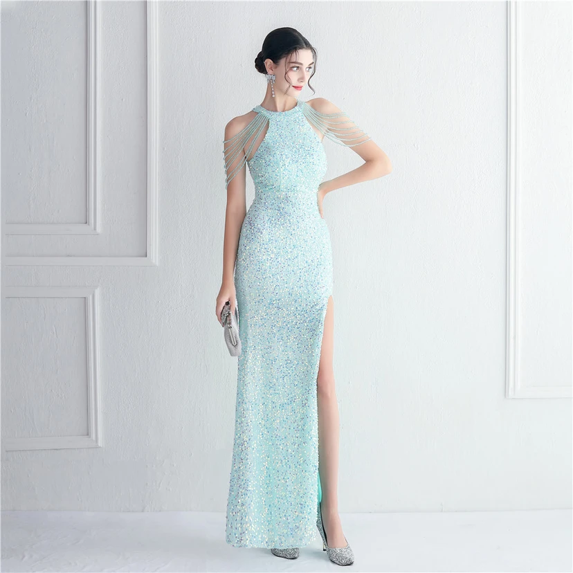 Heavy-Duty Glass Bead Craft Beaded Banquet Evening Dress Temperament Elegant Long Halter Neck Slit Sequins view 5