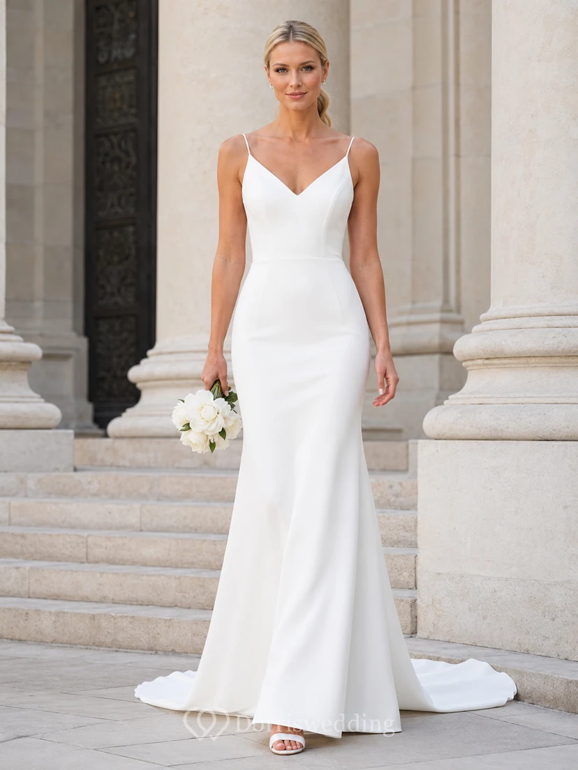 Robe de mariée sirène minimaliste en satin à fines bretelles spaghetti et décolleté en V, avec traîne.