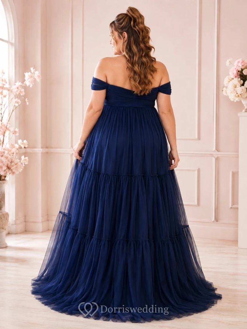 Dark Navy Plus Size Maternity Off-the-Shoulder Tulle Tiered A-Line Dress view 2