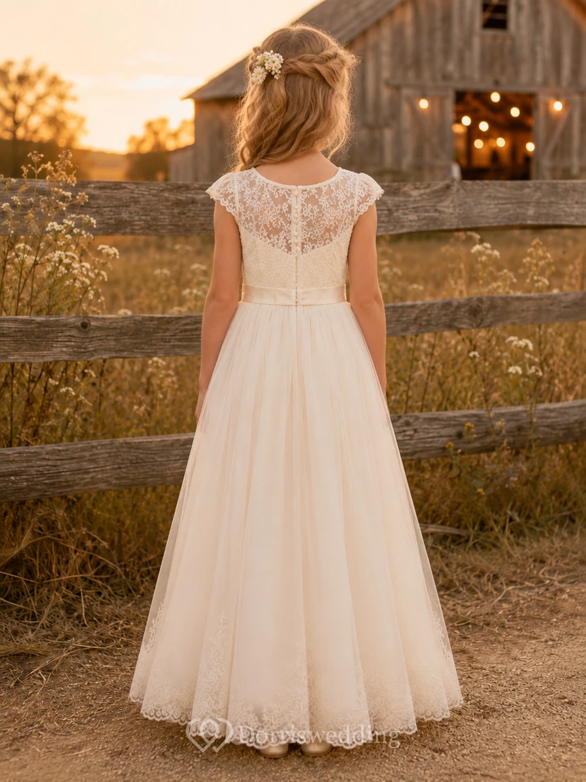 Blumenmädchenkleid aus Spitze und Tüll mit kurzen Ärmeln view 2