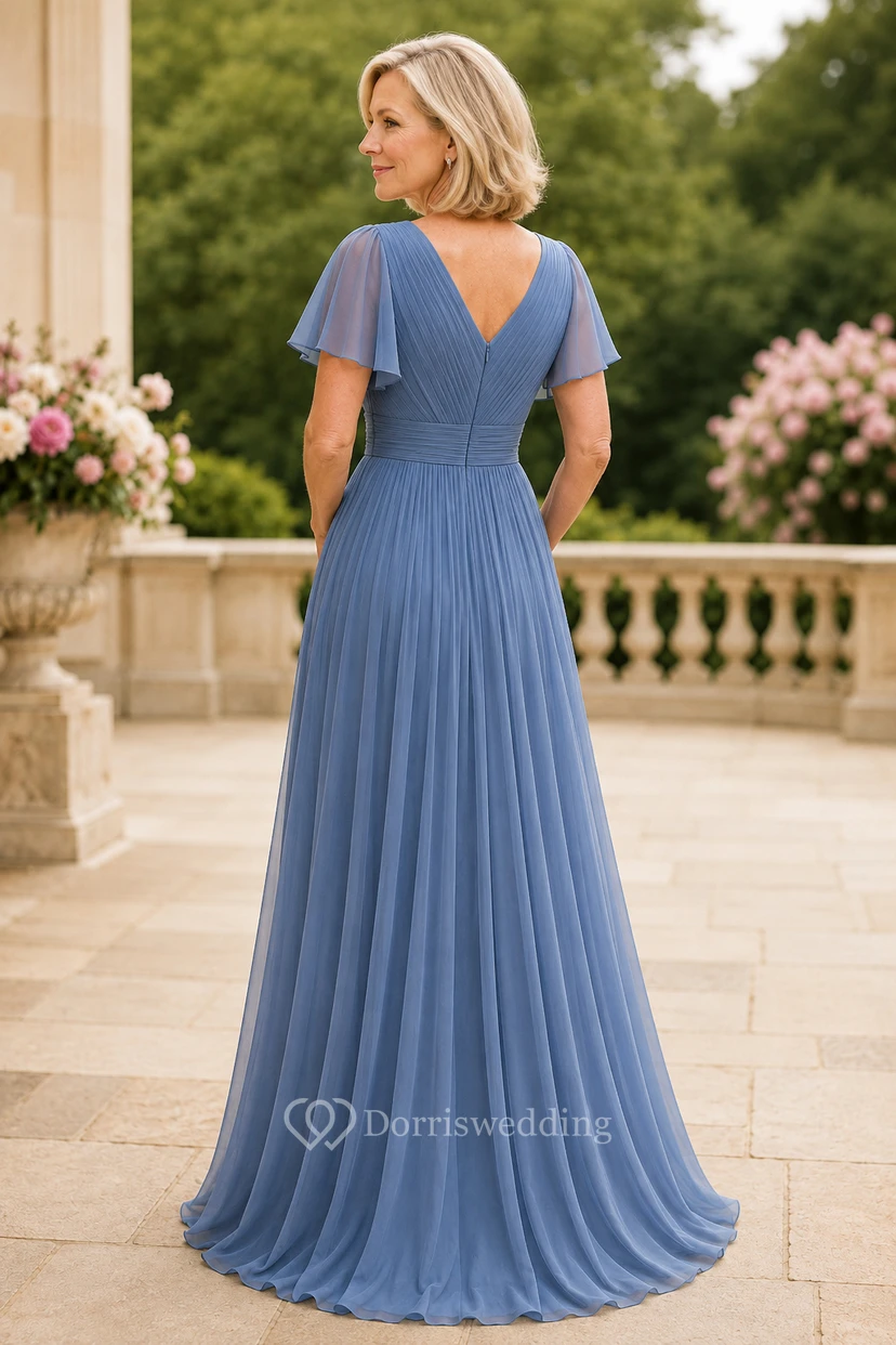 Stahlblaues, plissiertes Chiffon-A-Linien-Kleid für Mütter view 2