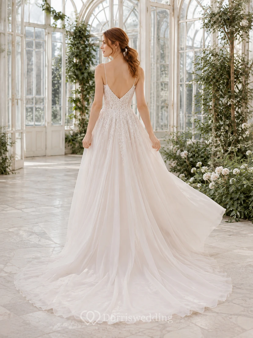 Polished Chiffon Lace Deep V Sleeveless A-Line Chapel Train Bodice Deep-V Back Wedding Dress view 2