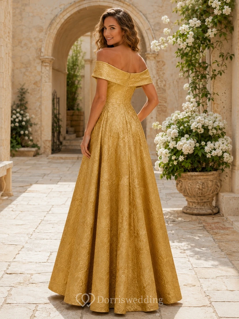 Gold Off Shoulder Short Sleeve Brocade Ball Gown Dress view 2