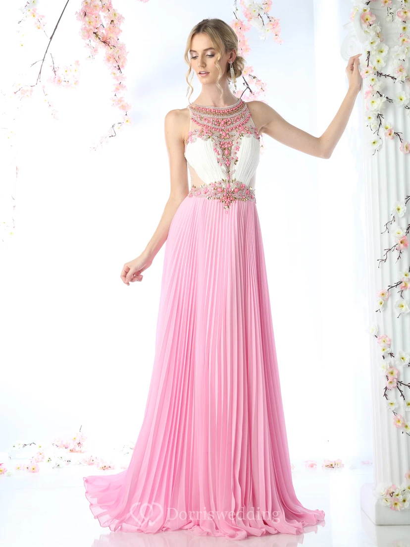 A-Line Scoop-Neck Sleeveless Chiffon Illusion Dress With Pleats And Beading view 3