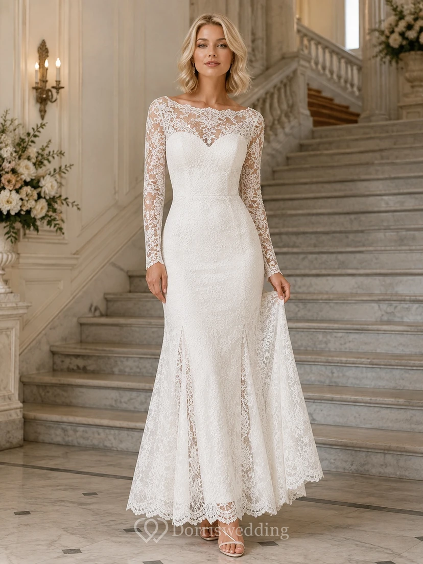 Vintage Bateau Long Sleeve Illusion Lace Mermaid Floor-Length Modest Civil Wedding Dress
